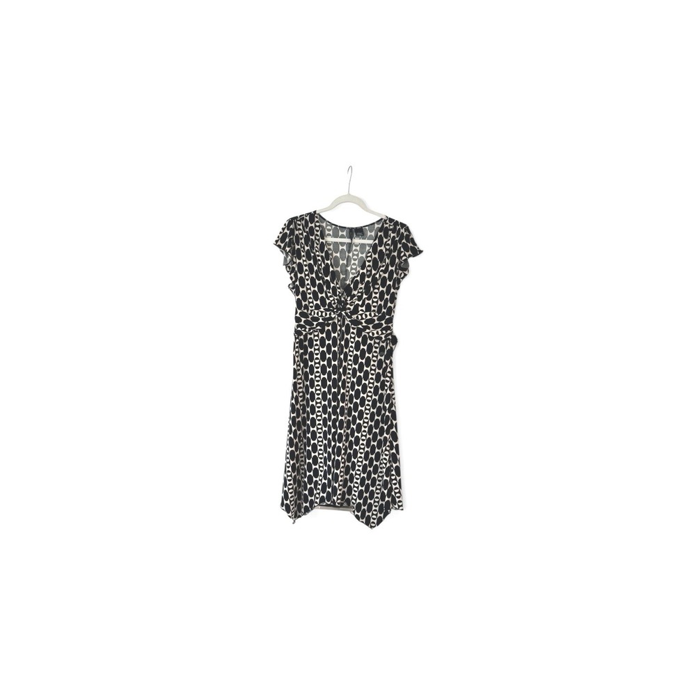 New Directions Women Black‎ White Geometric Handkerchief Hem Twist Front Dress L